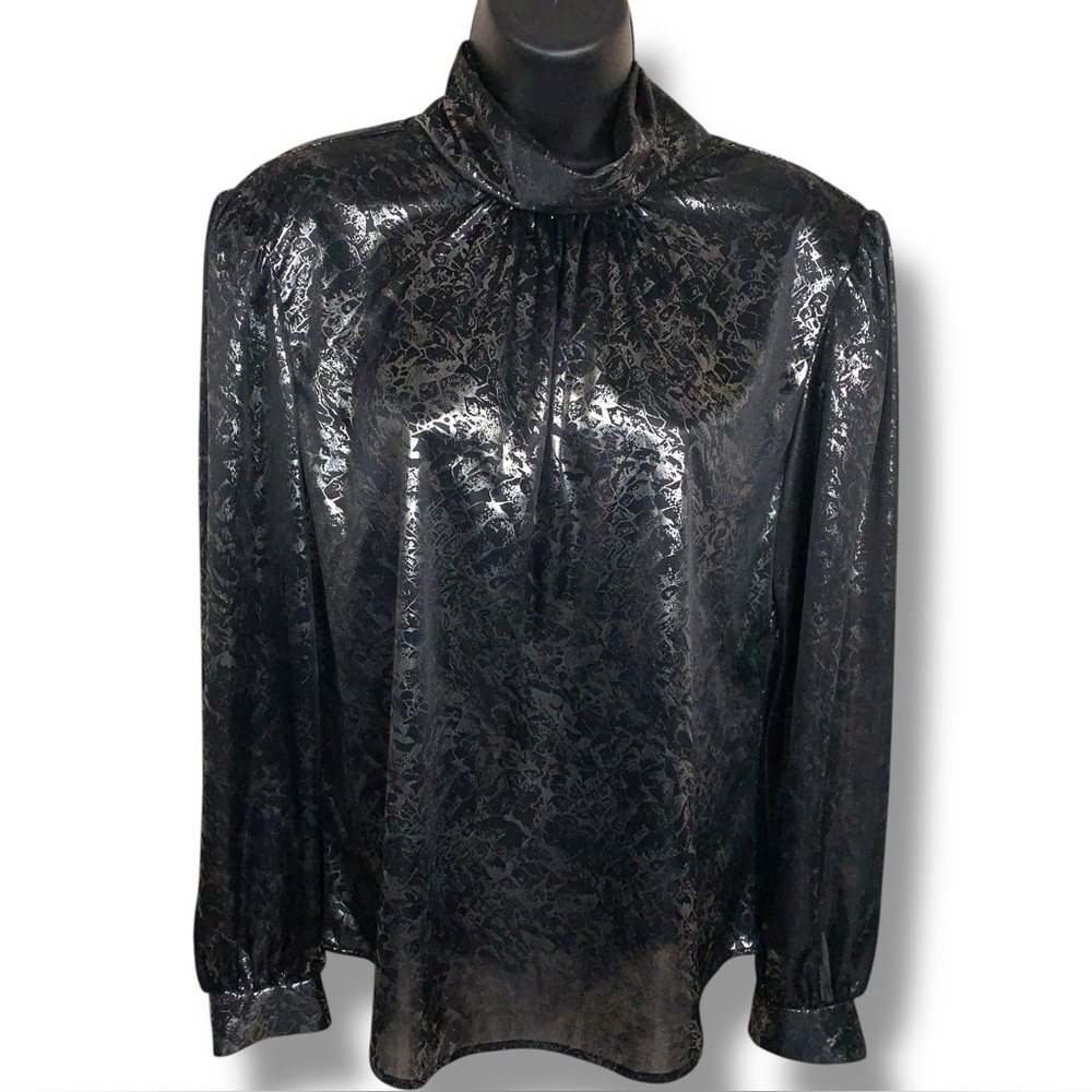 Vintage Size 10 Lauren Lee Black Silver Puff Sleeve Blouse Shimmer Mock Neck